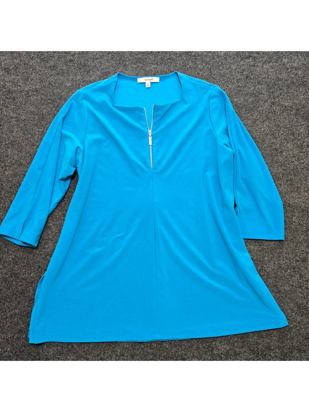 Sympli Tunic Top Womens 12 Blue Matte Jersey 3/4 Sleeve Quarter Zip Side Slit